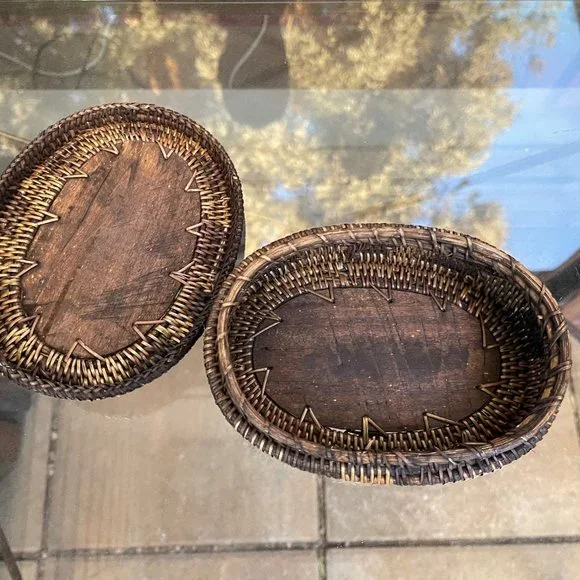 Vintage Carved Wooden Sea Turtle Woven Basket Wood Base Trinket Jewelry Box - Picture 3 of 4